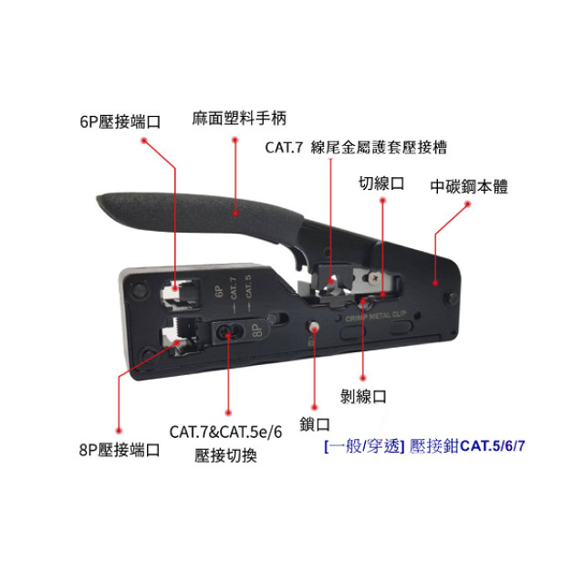 6P/8P/Cat.5e/Cat.6/Cat.7 兩用(一般/穿透)多功能網路壓接鉗 WG-9962